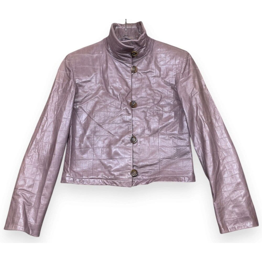 Giorgio Armani Leather Jacket Womens 40 US 4 Purple Croc Embossed Y2K Boxy Italy